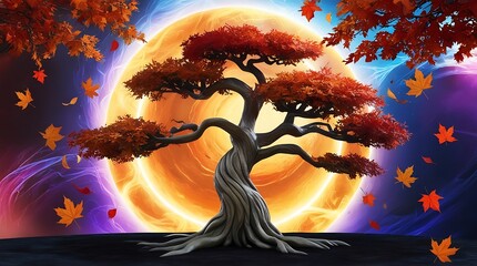 Obraz premium Surreal fantasy tree with twisted trunk and autumn leaves, glowing celestial ring in background, symbolizing magic, transformation, and the cycle of life in a dreamlike world 