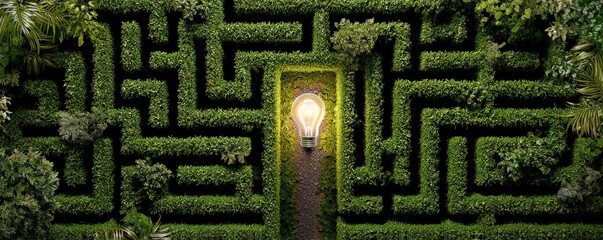 A vibrant maze of greenery with a glowing light bulb at its center, symbolizing ideas and pathways through nature.
