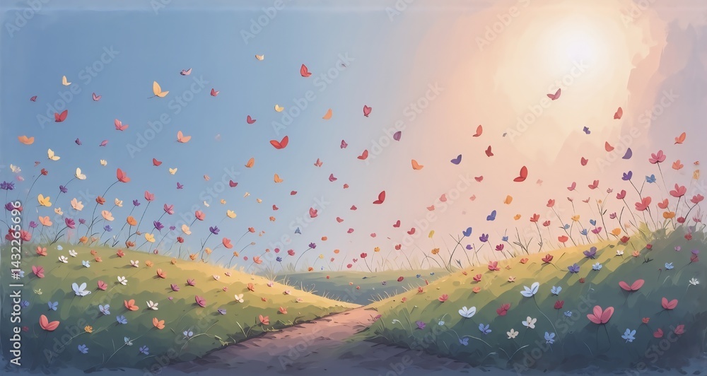 Aufkleber a serene scene unfolds. rolling hills blanketed in flowers, a dirt path meanders. the sky is light w