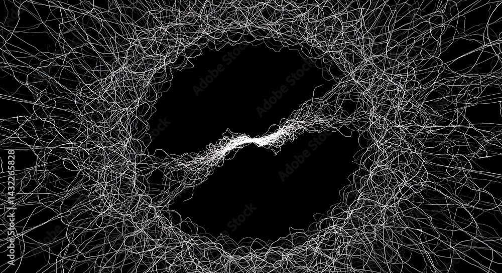 Poster abstract white lines forming a circular pattern against a black background creating a tunnel effect