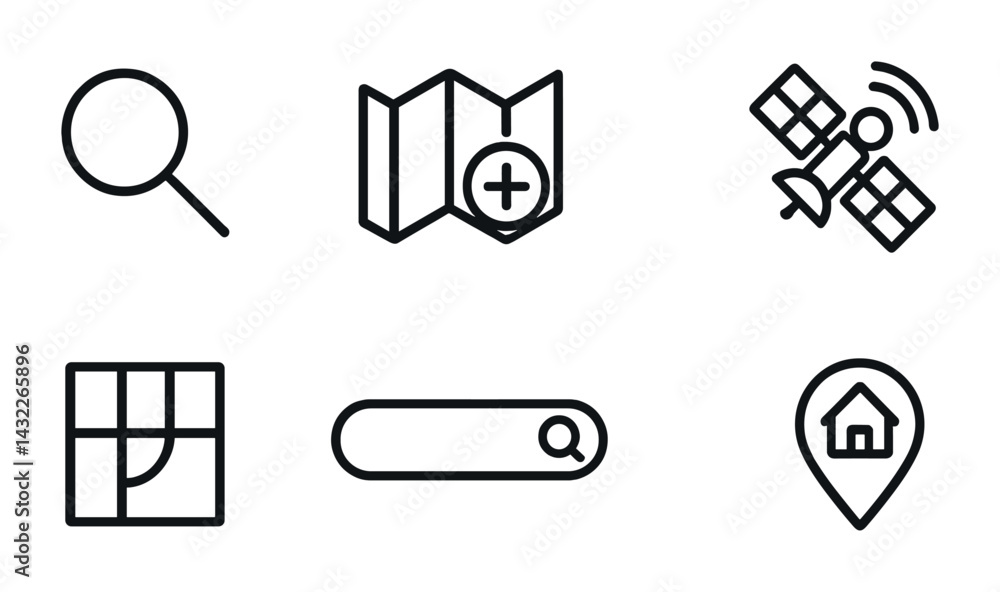 Poster navigation and map tools line icons – outline style for exploration, location tracking, and gps: mag