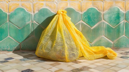 Bright yellow mesh bag rests against patterned wall tiles.