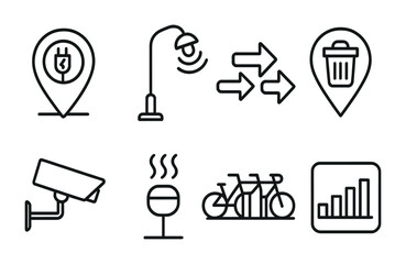 Urban infrastructure outline icon set – line style for smart city planning and development: ev charging, surveillance, traffic signals, waste management, public transport, bike sharing