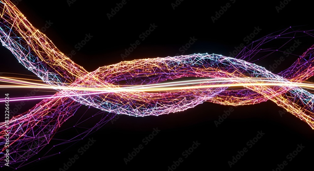 Poster abstract rendering of interconnected lines forming a network with bright light streams on black