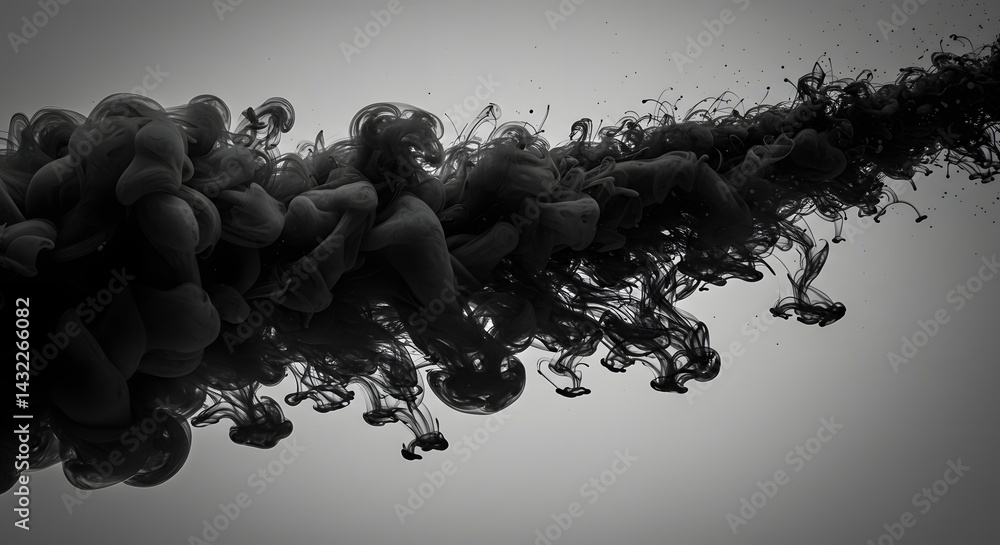 Poster a monochrome image showcasing the intricate swirls and patterns of black ink in water on light backg