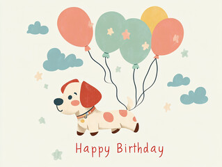 Happy Birthday Cute Dog Illustration with Colorful Balloons - Whimsical Children's Party Art