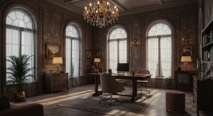Home Office Interior with Desk, Chair, and Chandelier