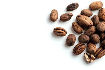 Obraz premium Fresh whole and cracked pecan nuts scattered on white background with copy space, isolated organic nuts for healthy snacking and baking.