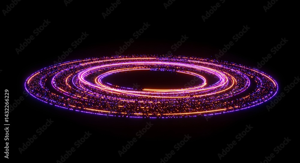 Poster a glowing purple and orange circular pattern on a black background with a central open space area