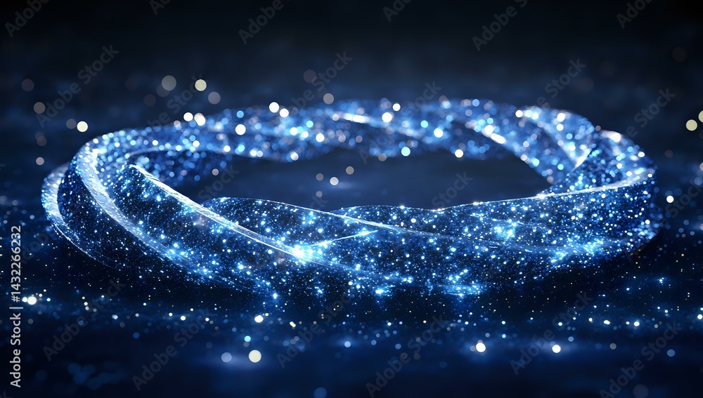 Poster glowing blue circular light trail with sparkling particles and bokeh effects on dark background crea