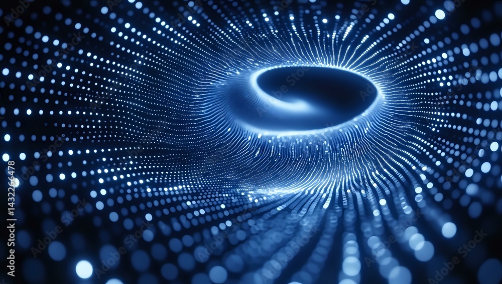 Poster glowing blue spiral tunnel with radiating light dots creating dynamic perspective effect. abstract d