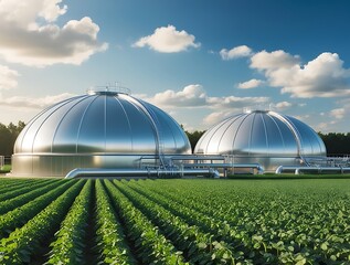 Obraz premium Modern biogas plant facility with stainless steel digesters integrated in agricultural farmland, promoting clean energy, sustainability, and eco-friendly technology in rural areas 