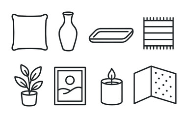 Obraz premium Home decor and accessories icon set – outline style interior design, decoration, and furnishing symbols: pillow, vase, tray, rug, plant, frame, candle, room divider.