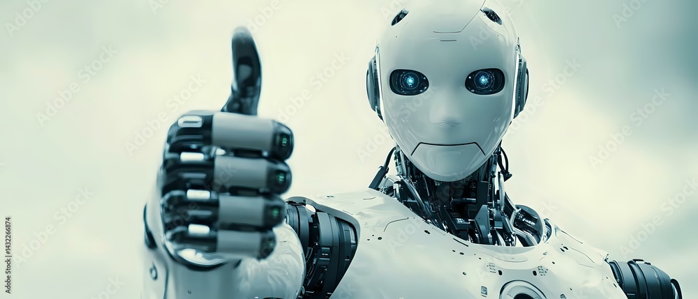 Aufkleber futuristic white robot with friendly expression showing thumbs up gesture against blurred background