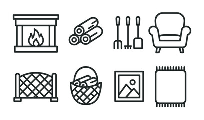 Cozy home essentials icon set – outline style fireplace, decor, and comfort symbols for interior design: fireplace, firewood, tools, armchair, basket, fence, picture, rug.