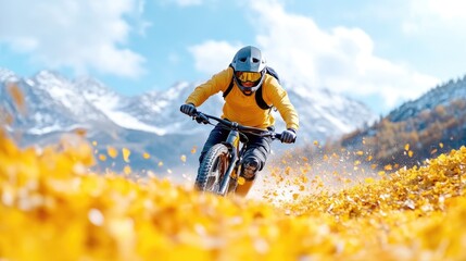 Naklejka premium Mountain biker navigating a vibrant autumnal landscape. A cyclist in a yellow outfit rides a mountain bike through a field of golden fall leaves, with snowy peaks in the background.