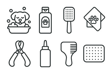 Pet grooming outline icons – linear style for animal care and veterinary services: dog bath, shampoo, brush, paw towel, clippers, ear drops, comb, mat.