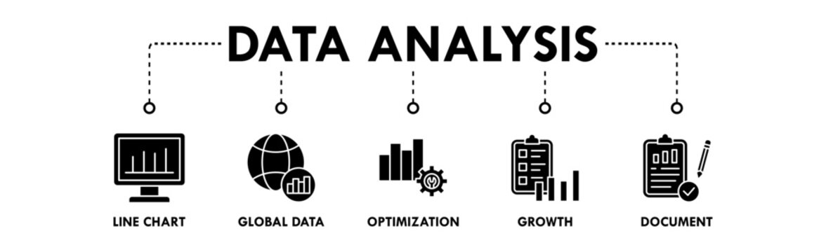Data Analysis banner web icon illustration concept with icon of line chart, global data, optimization, growth, and document