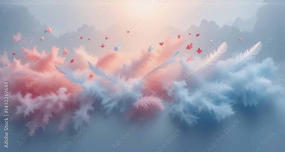 Poster a soft, pastel-colored scene with feathery puffs and fluttering objects. the sky glows gently, creat