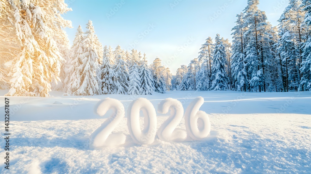 Poster glowing numbers 2026 in fresh snow against winter forest background with snow covered pine trees ill