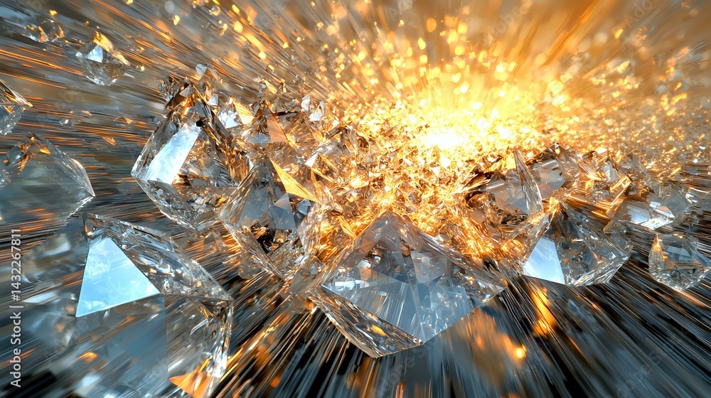 Poster dramatic explosion of ice crystals with glowing orange light bursting through shattered fragments ag