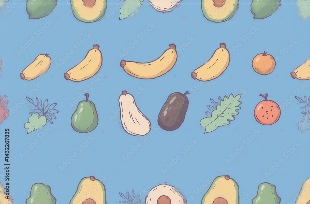 Poster a cheerful, repeating pattern of hand-drawn fruits, perfect as an avatar or fun background. bright c