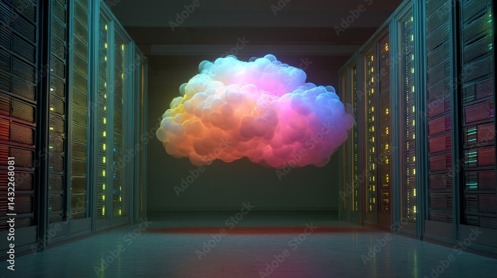 Poster a colorful cloud floats above a corridor lined with server racks, blending technology with a dreamli