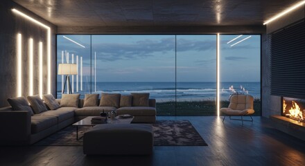 Living Room with Ocean View and Fireplace