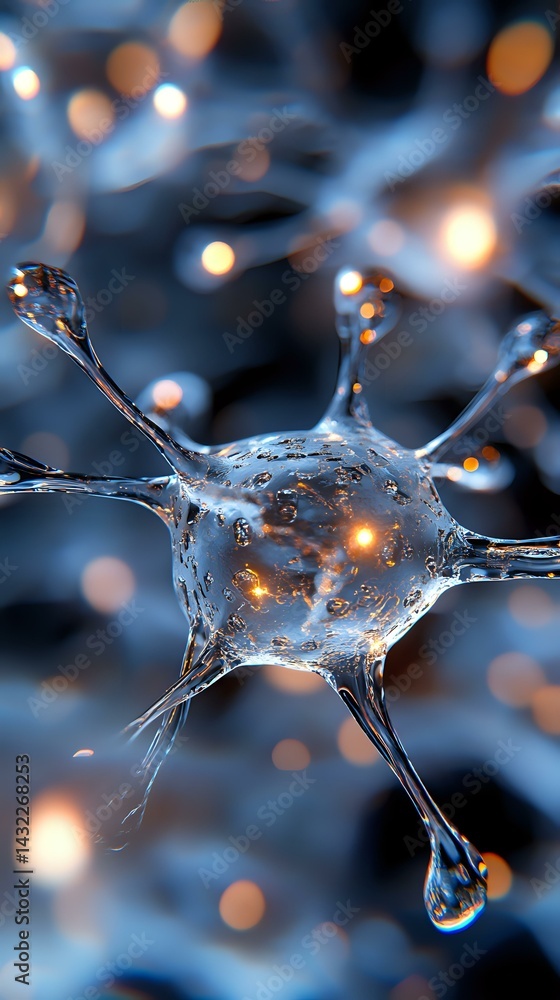 Poster microscopic view of neuron cell with synaptic connections glowing against dark background, illustrat