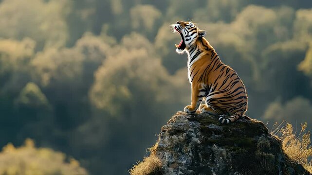 Tiger roaring from a rock in the wilderness