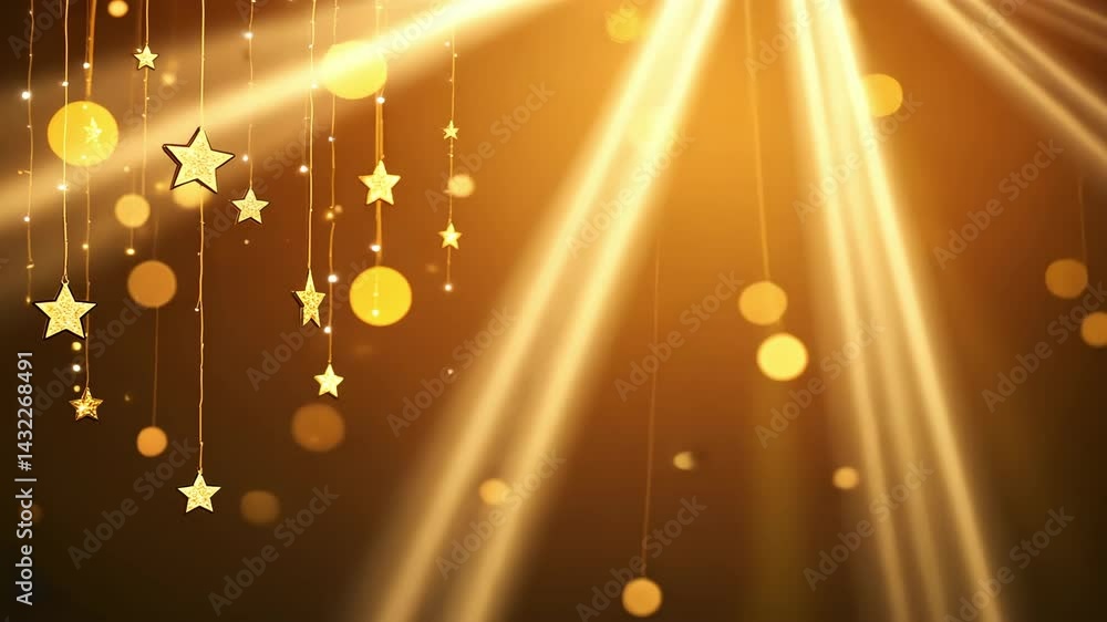 Poster sparkling golden stars on strings surrounded by warm glowing light beams in a festive and enchanting