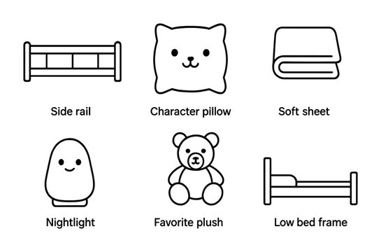 Bedroom safety icon set – outline style home decor and kids room essentials for childproofing: side rail, character pillow, soft sheet, nightlight, favorite plush, low bed frame.