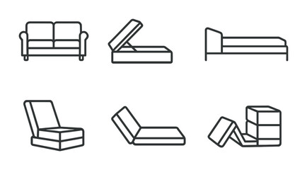 Modern furniture outline icons set – line style home decor and interior design symbols: sofa, bed, ottoman, chair, sectional, recliner storage box, lounger