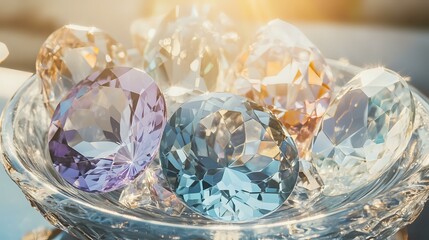 Large sparkling gemstones in purple, blue and amber colors arranged in crystal glass bowl, catching light and creating prismatic reflections. Luxury jewelry concept.