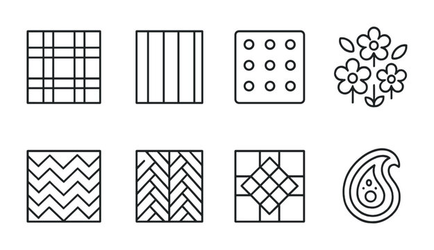 Pattern and texture outline icons set &ndash; linear style for design inspiration with decorative, artistic, and modern symbols: checkerboard, stripes, polka dots, floral, zigzag, herringbone, parquet,