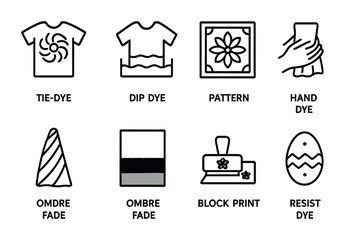 Hand-dyeing outline icon set – flat style textiles, patterns, and diy craft symbols: tie-dye, dip dye, pattern, hand dye, ombré fade, block print, resist dye