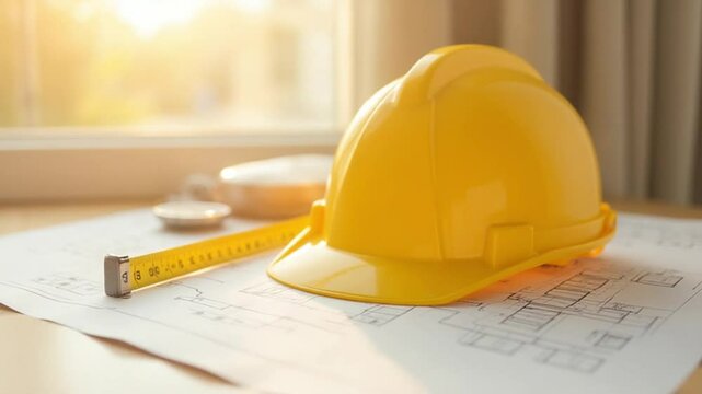 Yellow Hard Hat on Plans with Measuring Tape and Warm Natural Light