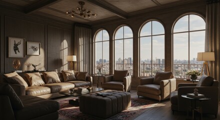 Living Room Interior Design with Couch, Chairs and City View