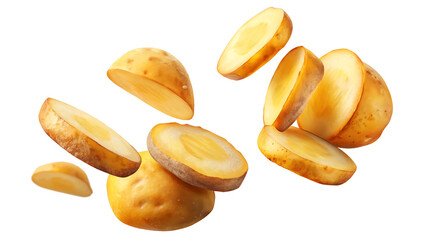 Obraz premium Artistic Composition of Falling Sliced Potatoes Against a Pure transparent background