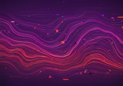 non representational visual employing shades purple pink orange fluid undulating pattern generating interwoven digital effect distorted movement visual interference forward looking design aberrant
