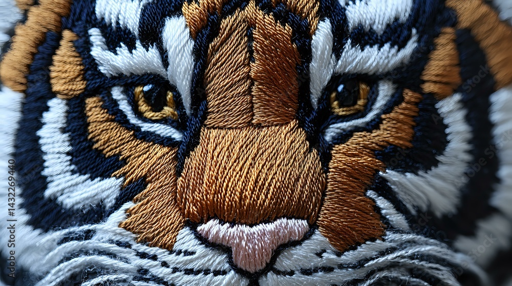 Poster close up macro shot of detailed embroidered tiger face showing intricate stitching and texture with 
