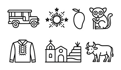 Philippine culture line icons set – outline style heritage, tradition, and national symbols for cultural projects: jeepney, sun, mango, tarsier, barong, church, carabao.