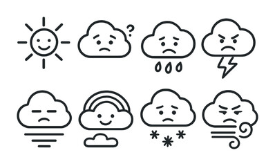 Weather and climate outline icons set – linear style for forecasting and meteorology symbols: sun, rain cloud, storm cloud, snowflake, rainbow, fog, wind.