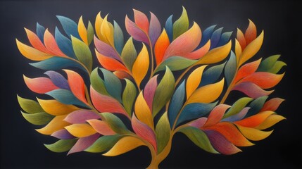 A vibrant, artistic representation of a tree with colorful leaves against a dark background, showcasing a blend of warm and cool tones.