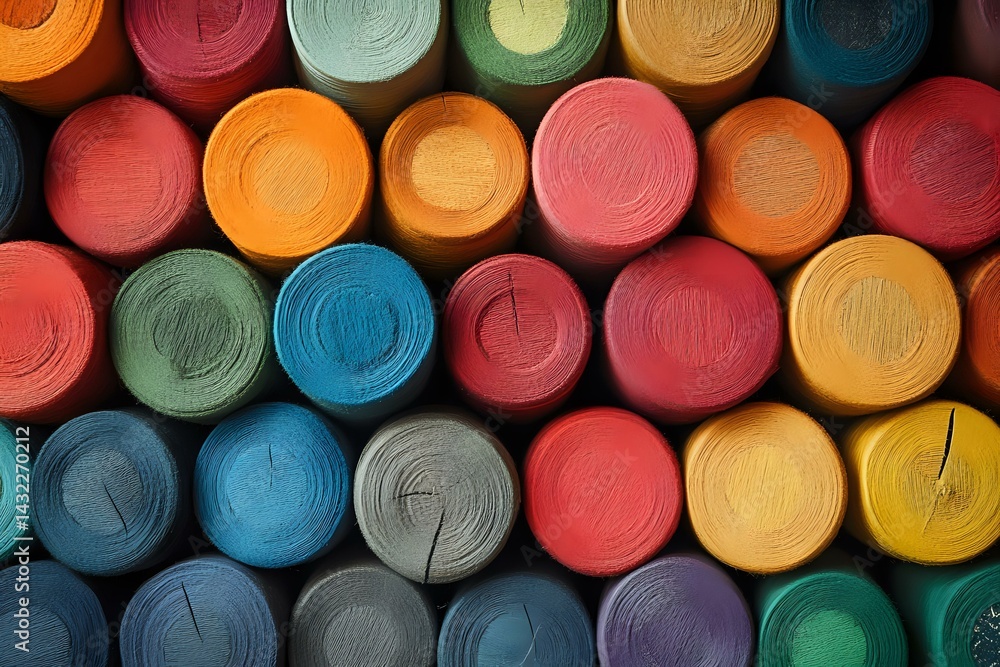 Poster colorful yarn spools arranged in rows creating vibrant pattern of circles. close-up view of multicol