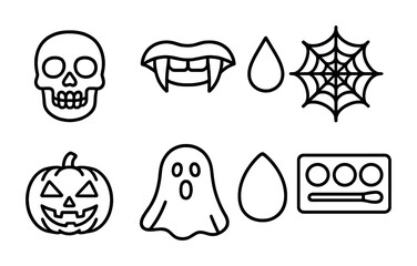 Halloween icon set – outline style spooky, horror, and festive symbols for celebrations: skull, vampire teeth, blood drop, spider web, pumpkin, ghost, makeup kit