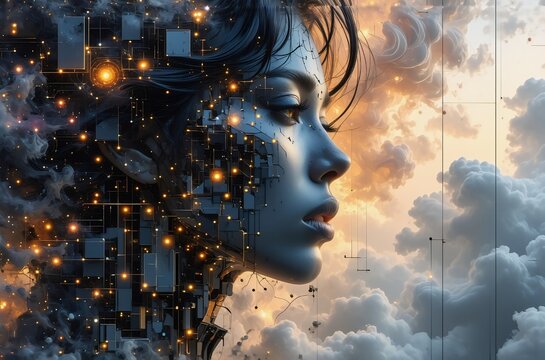 A portrait merges human features with technological elements against a cloudy sky. Hints of digital structures intertwine with the woman's profile as if from a parallel universe. The composition is dr