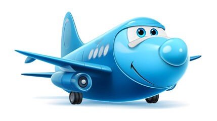 Fototapeta premium Cheerful chubby blue airplane flying, amusing and adorable aircraft illustration