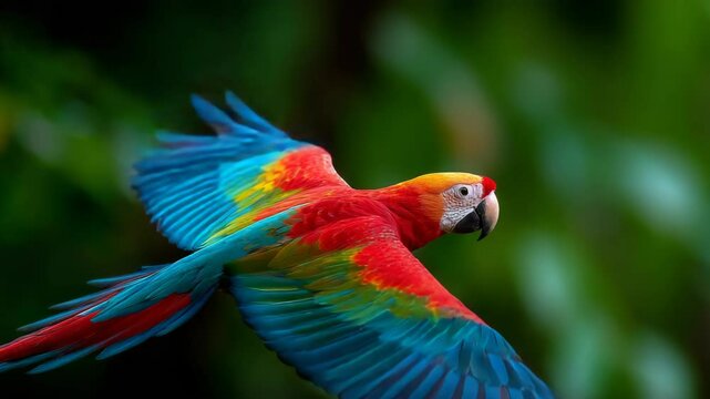 Brilliant macaw soars through lush foliage with vivid blue, red, yellow, and green plumage, wings extended against a blurry green forest backdrop.