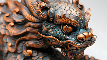 Intricate Copper Dragon Head Sculpture with Patina Detailing and